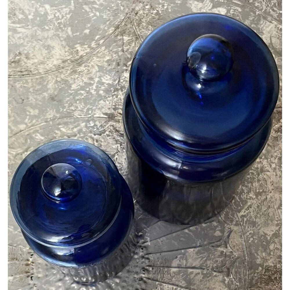 Lot 2 Cobalt Blue Glass Vintage Apothecary Jar Pier 1 Canister Set Lids 8 10.5in